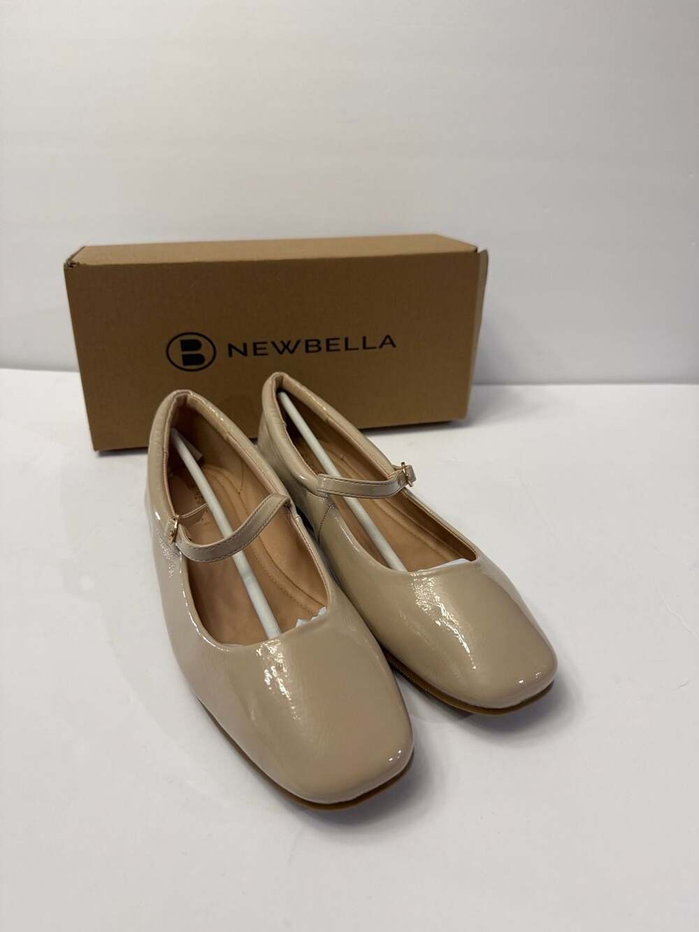 Newbella Beige Patent Leather Square Toe Mary Jane Flats with Original Box